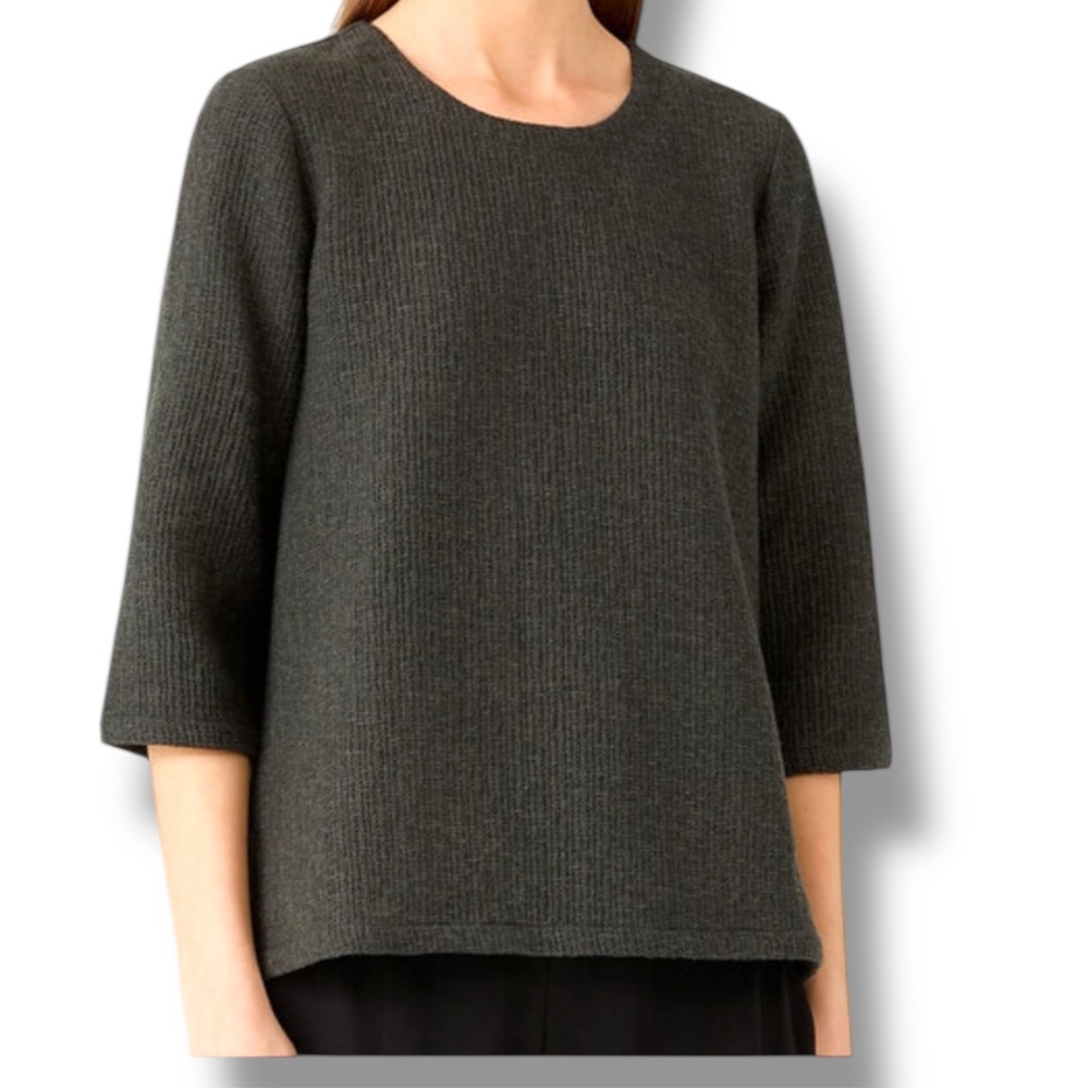 Eileen Fisher Textured Ripple Knit Seaweed Round Neck 3/4 Sleeve Top Medium - Picture 3 of 15
